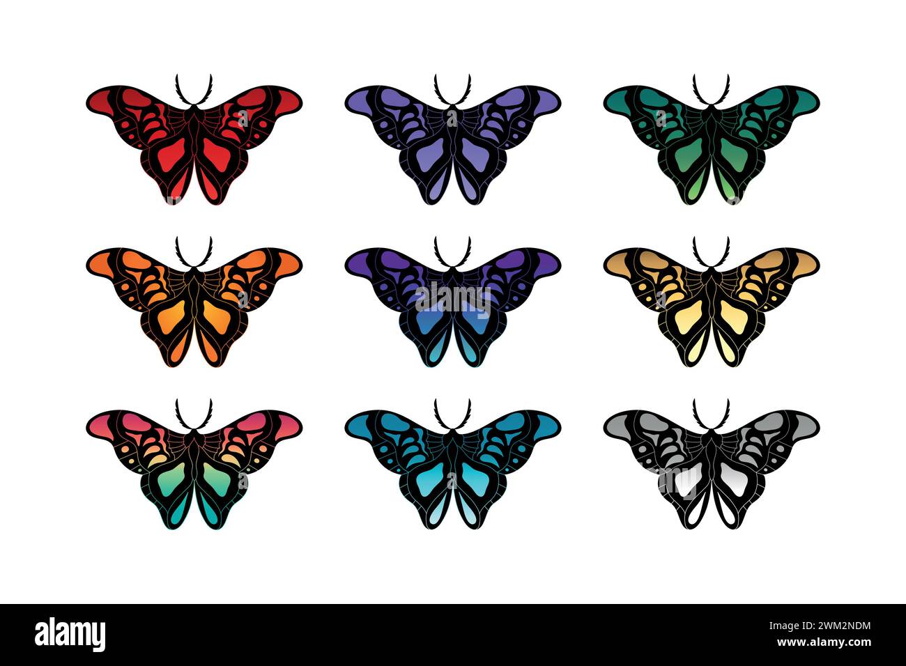 Set of different colored butterflies. Hand drawn butterflies with