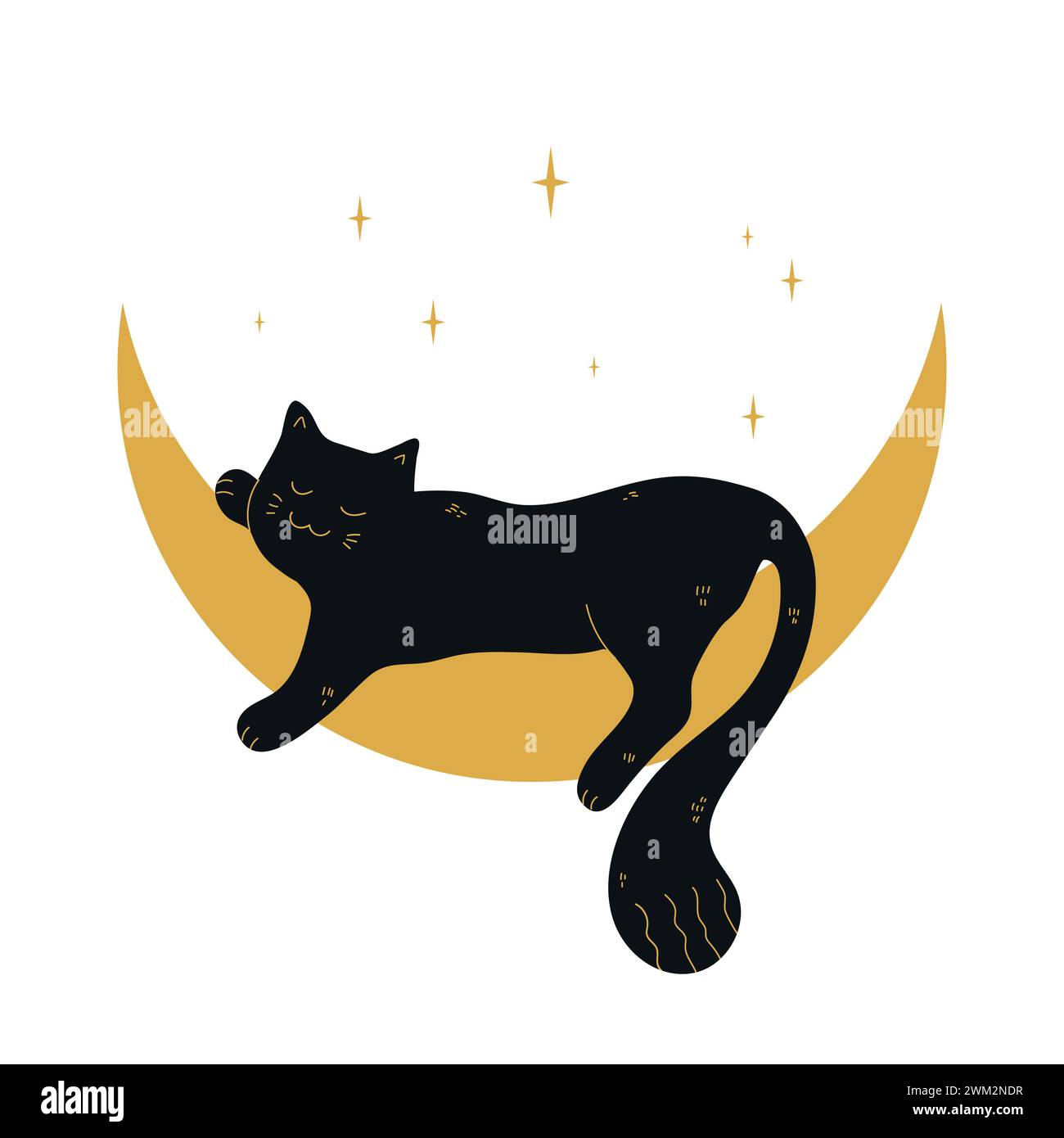 Cute black cat sleeping on a crescent. Vector illustration Stock Vector