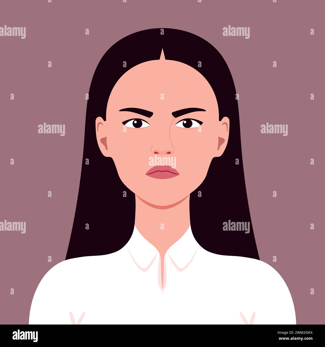 Portrait of an angry young woman. Symbolizes facial expression of an anger, gloomy and wrath. Vector illustration. Stock Vector