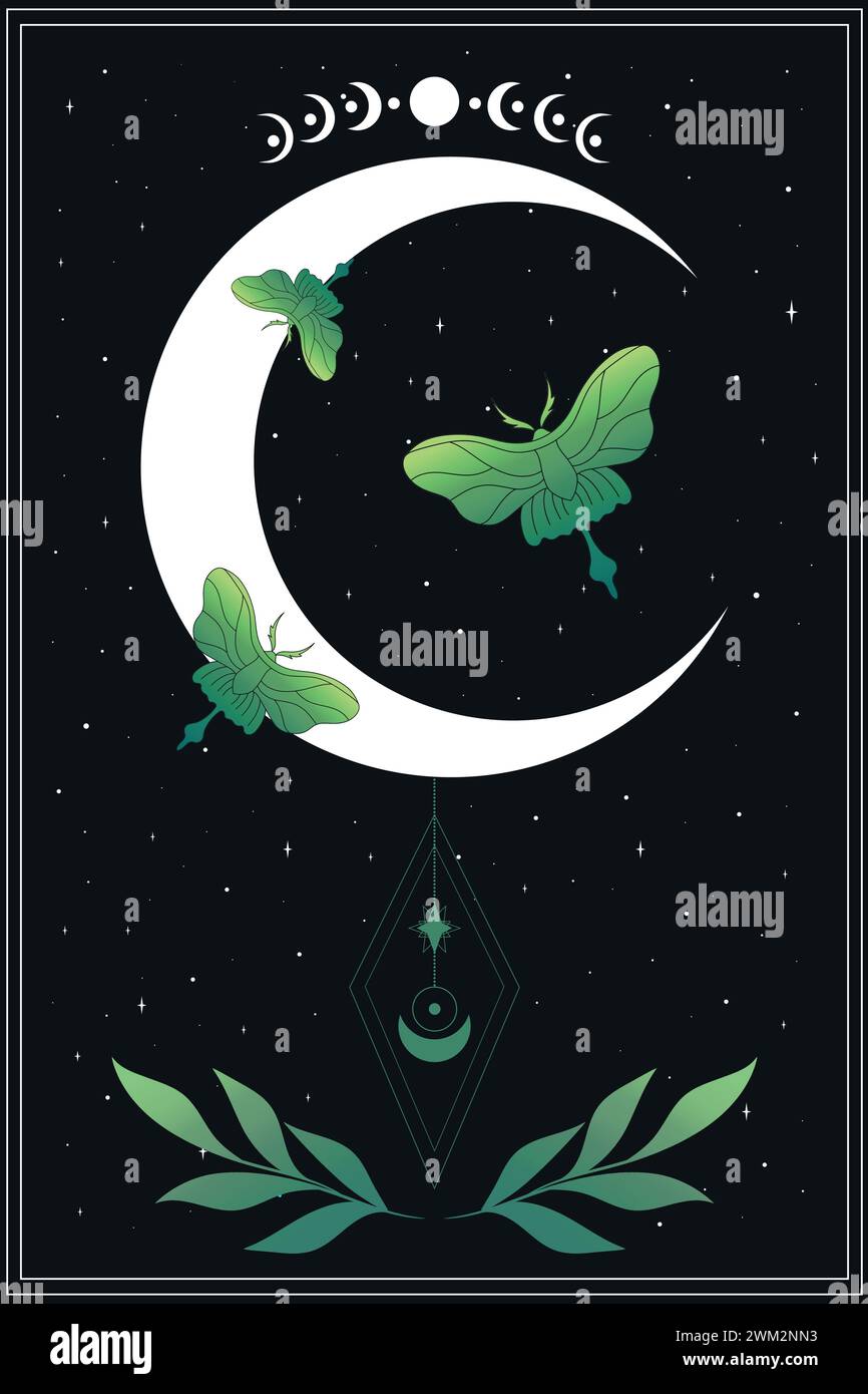 Celestial background with green butterflies, stars and crescent moon. Vector illustration Stock Vector