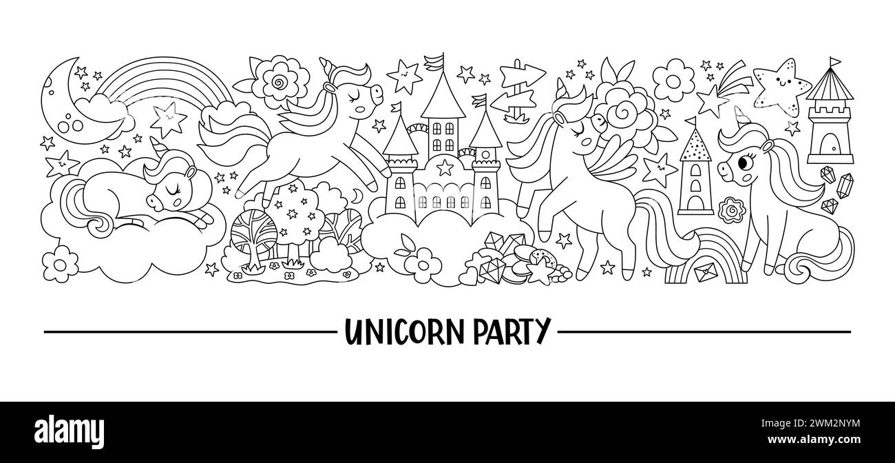 Vector black and white horizontal set with cute characters for unicorn party. Fairytale line card template design for banners, invitations, postcards. Stock Vector