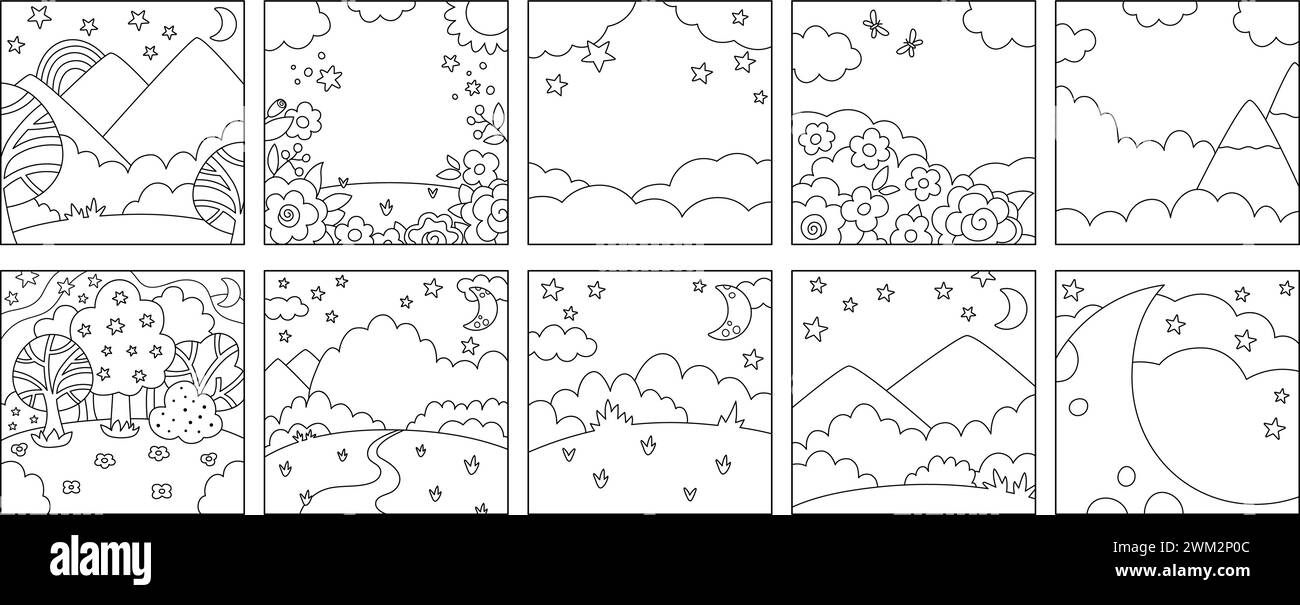 Vector set of black and white abstract backgrounds with clouds, stars, moon, garden, field