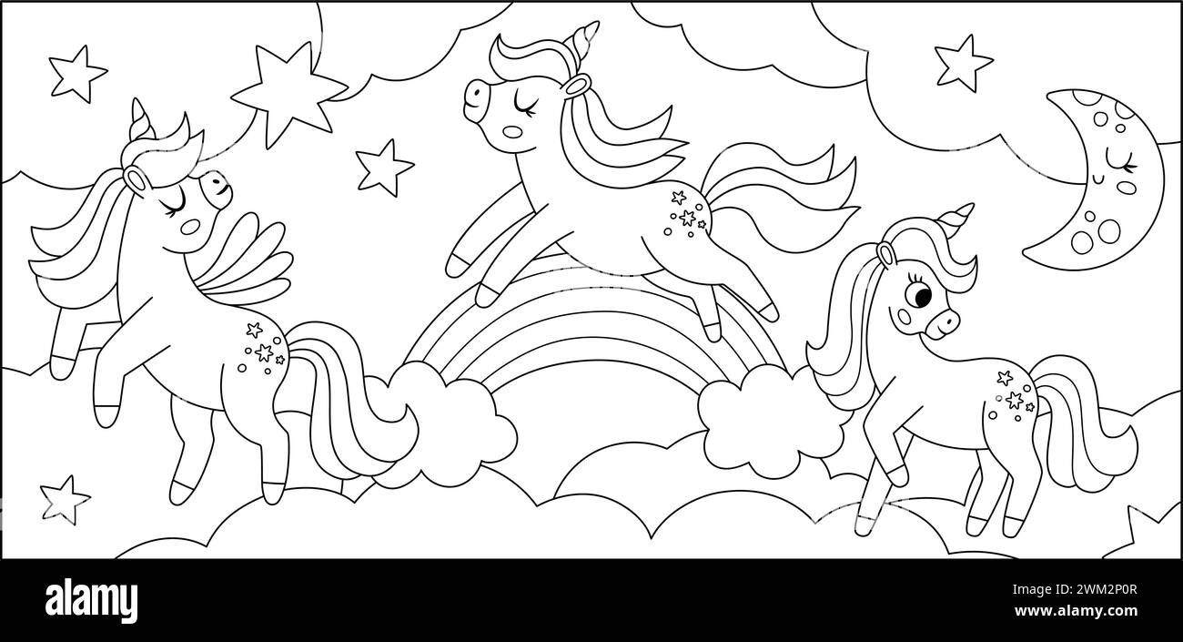 Vector black and white background with unicorns, rainbow, clouds, stars. Magic or fantasy world line scene. Fairytale horizontal landscape or coloring Stock Vector