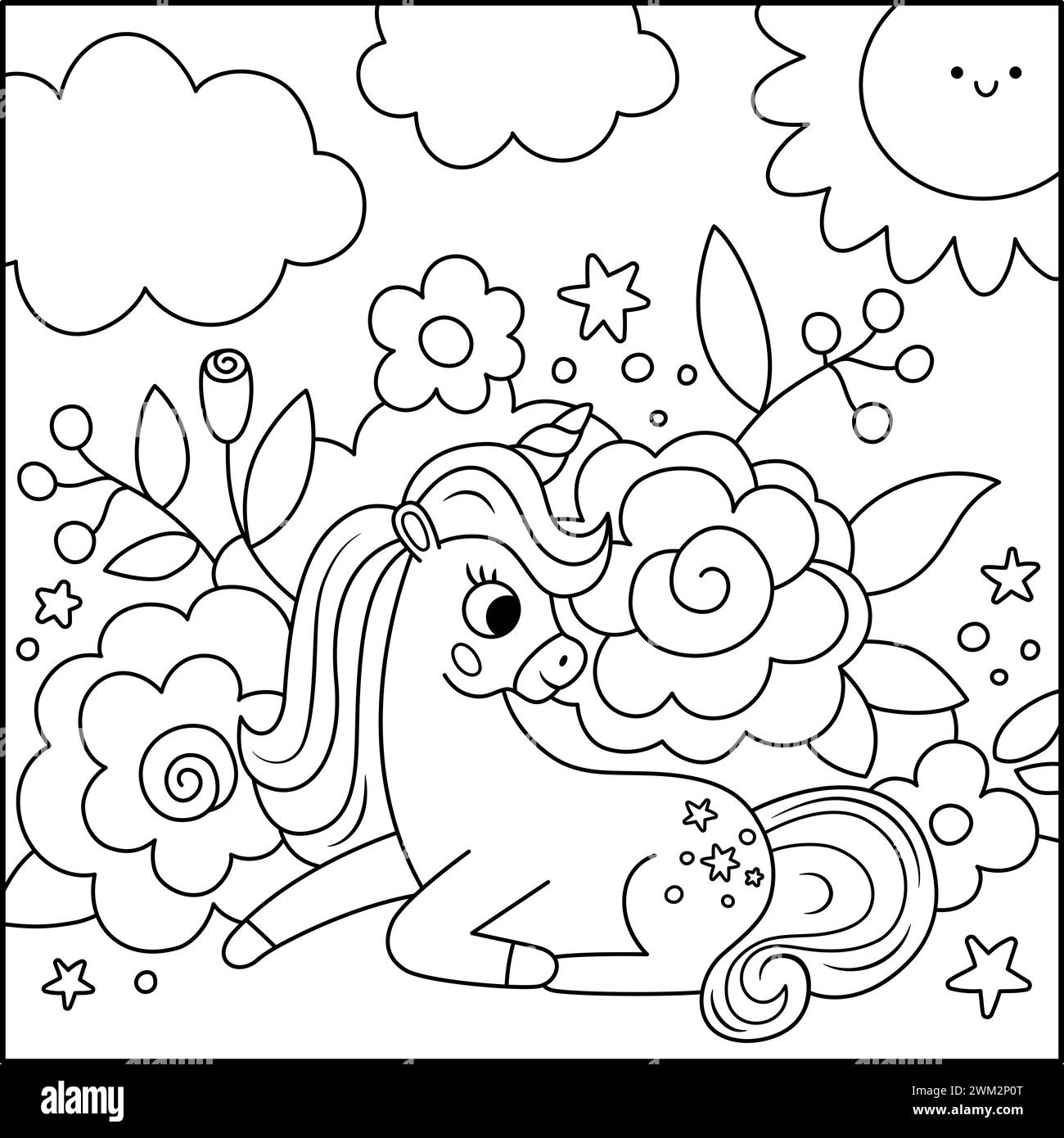 Vector black and white square background with unicorn with flowers under clouds, sun. Magic or fantasy world line scene. Fairytale landscape coloring Stock Vector