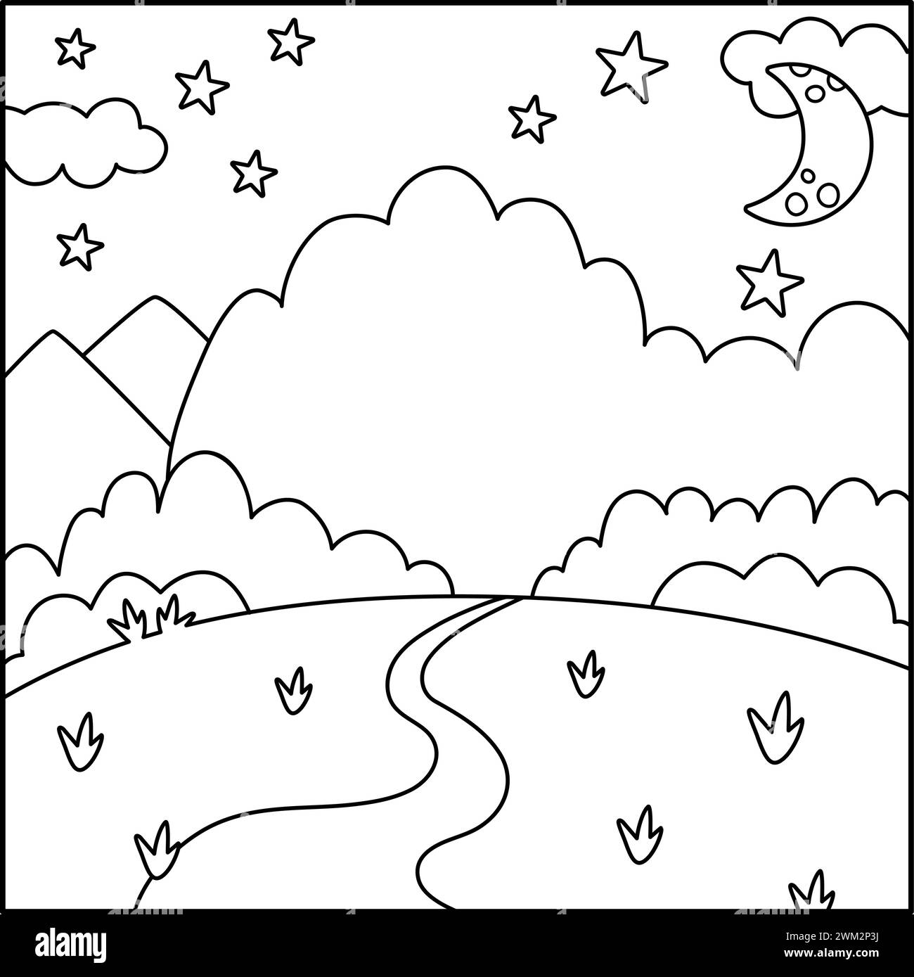 Vector black and white abstract background with stars, moon, forest, road stretching into the