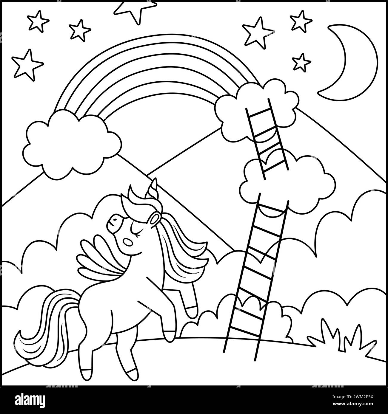Vector black and white square background with unicorn with ladders on clouds to rainbow. Magic or fantasy world line scene. Fairytale landscape colori Stock Vector