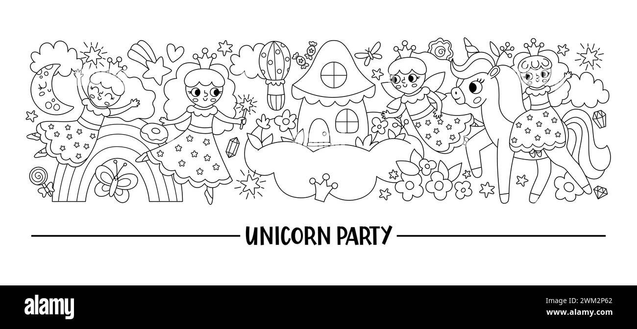 Vector horizontal black and white set with cute characters for unicorn or princess party. Fairytale line card template design for banners, invitations Stock Vector