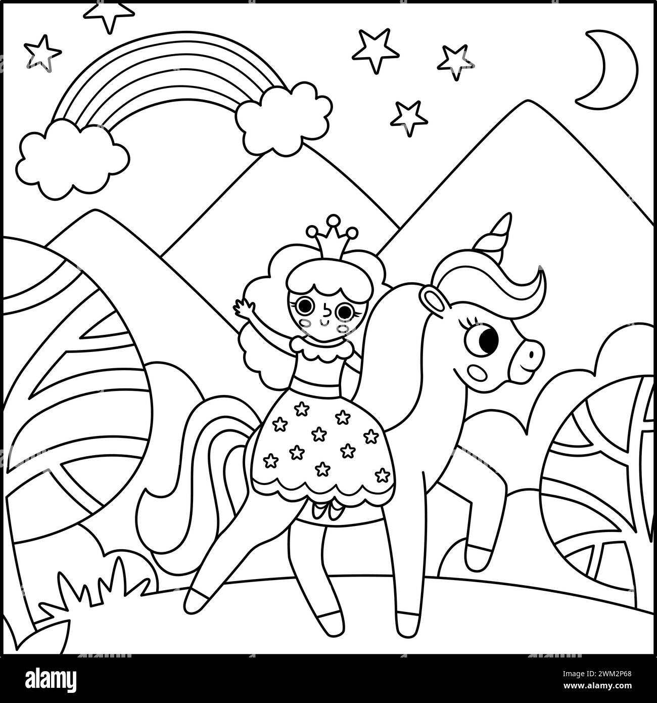 Vector square background with fairy princess riding unicorn. Magic or