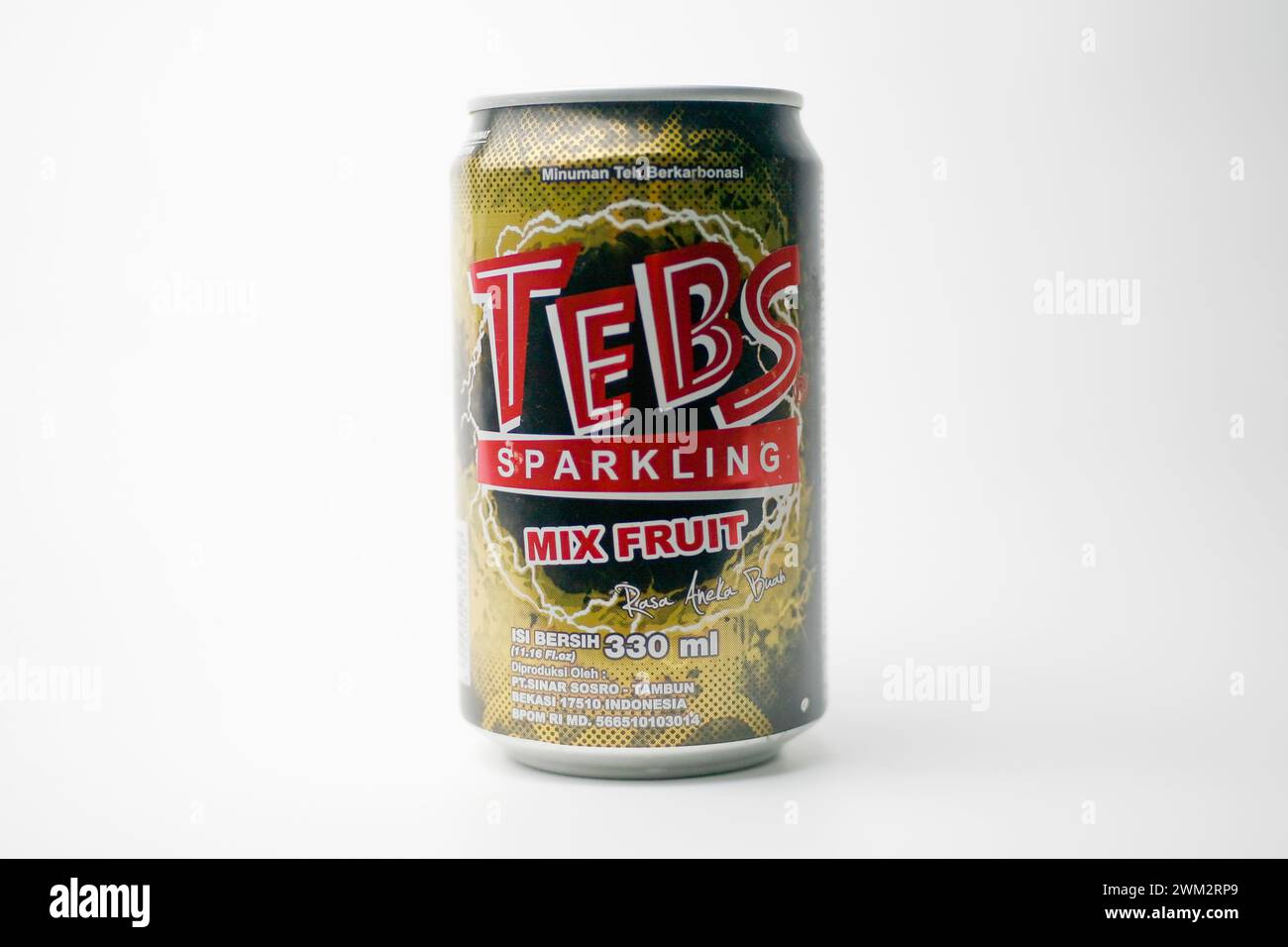 Close up a cans of Tebs Sparkling Mix Fruit carbonated tea drinks isolated on white background Stock Photo