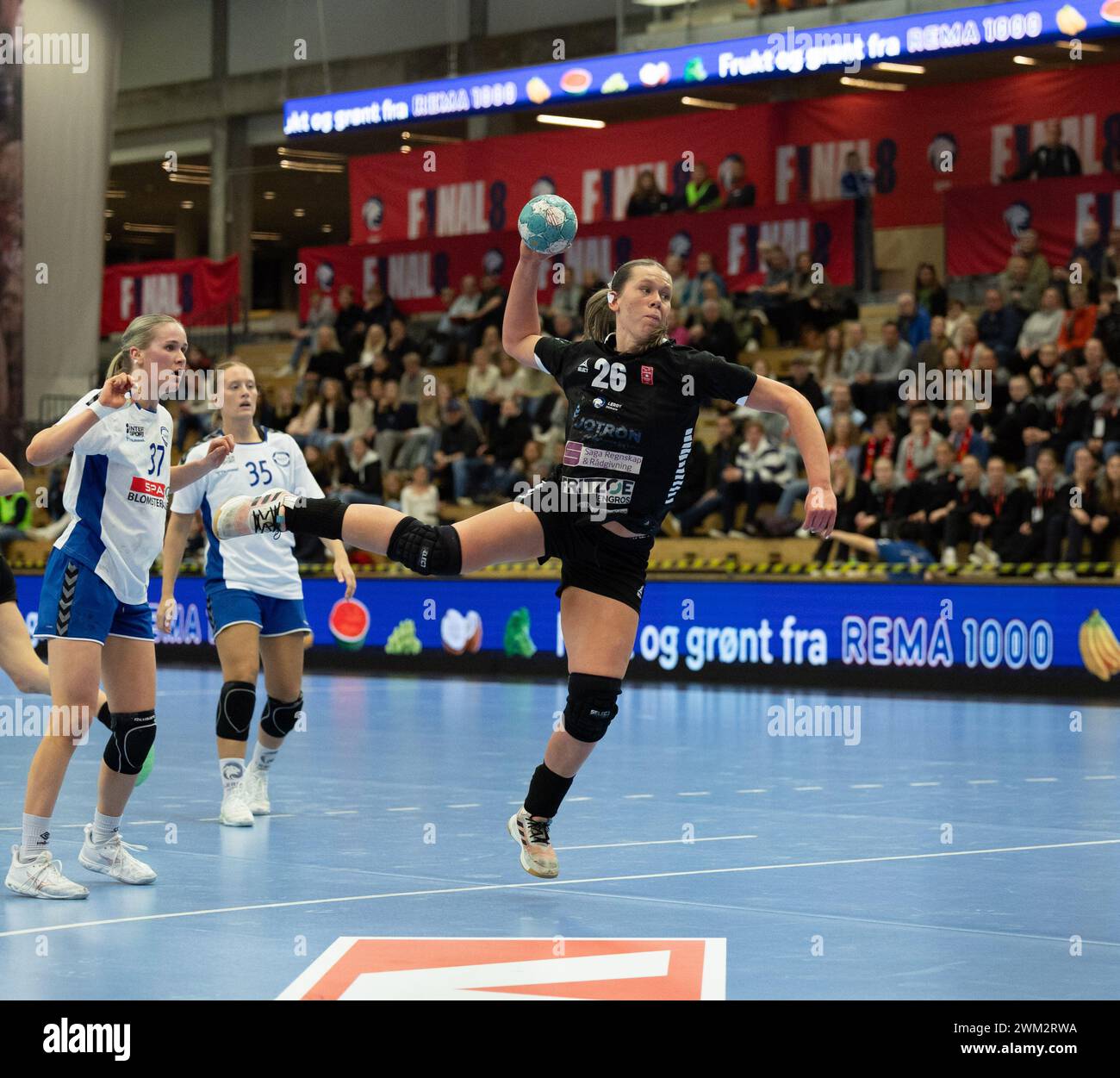 Arendal, Norway. 23rd Feb, 2024. Arendal, Norway, February 23rd 2024: Nora Evelina Cecilia Rosenberg (26 Larvik) in acton during the Norwegian Championship U20 Final handball game between Gneist and Larvik HK at Sor Amfi in Arendal, Norway (Ane Frosaker/SPP) Credit: SPP Sport Press Photo. /Alamy Live News Stock Photo