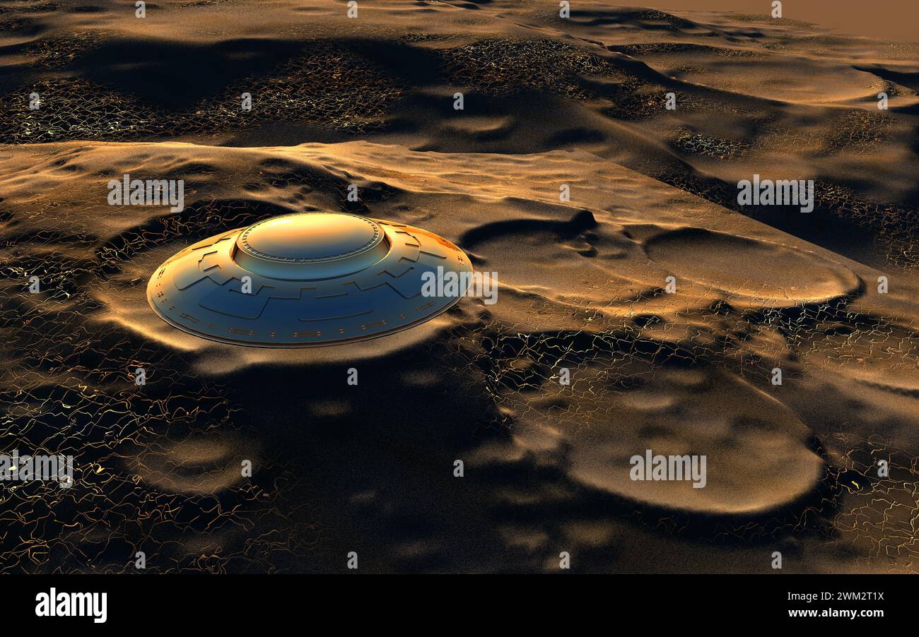 A Flying Saucer Flying Over The Cratered Surface  The Moon Stock Photo