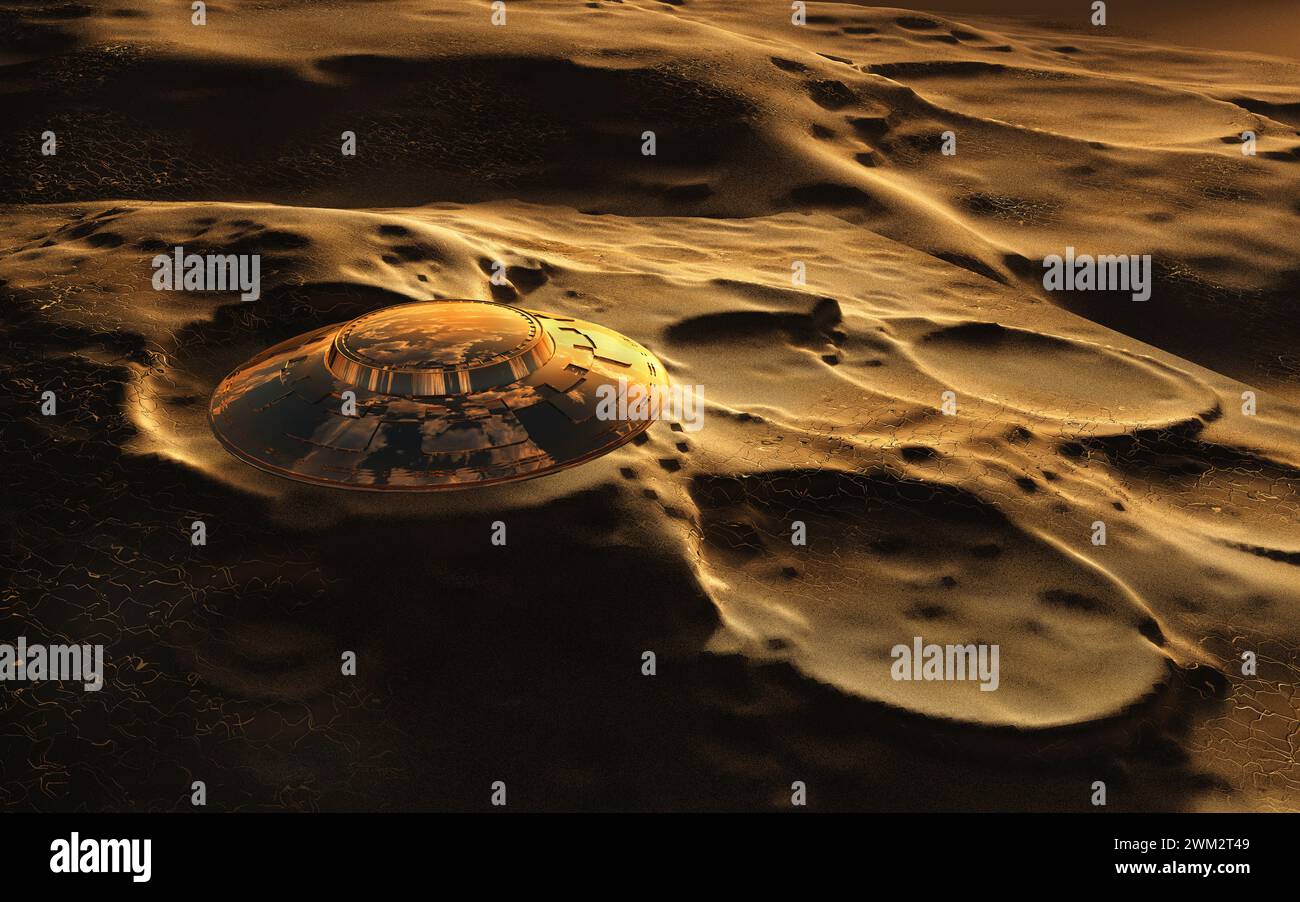 A Flying Saucer Flying Over The Cratered Surface  The Moon Stock Photo