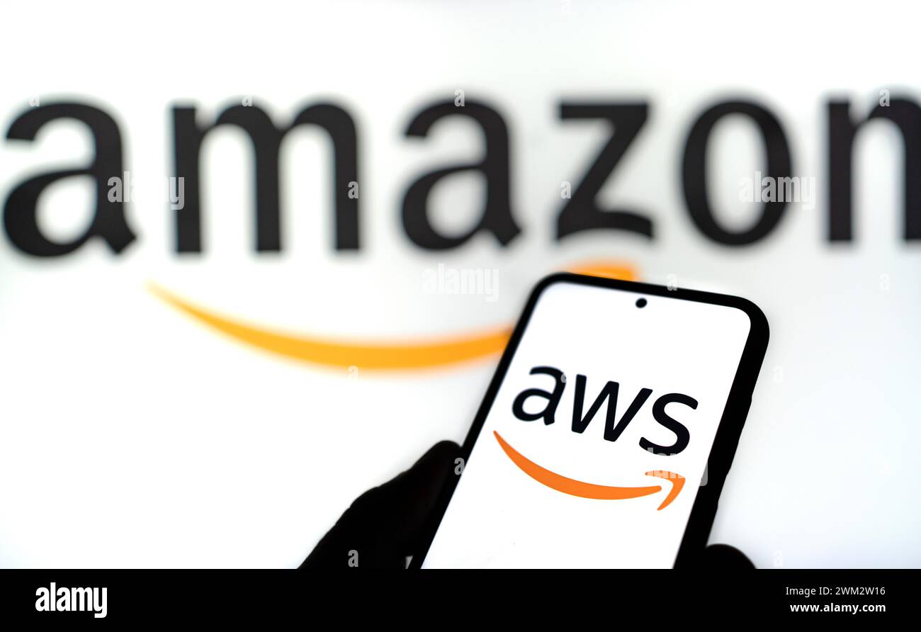 AWS Amazon Web Services displayed on cell phone Stock Photo