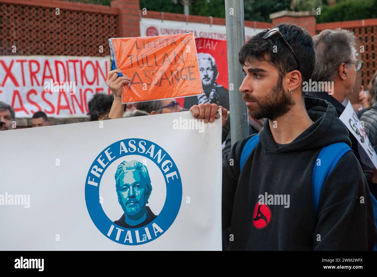 February 20, 2024 - Rome, Italy: demonstration in front of the British embassy on the day the High Court in London considers Julian Assange's latest appeal to avoid extradition to the US. © Andrea Sabbadini Stock Photo