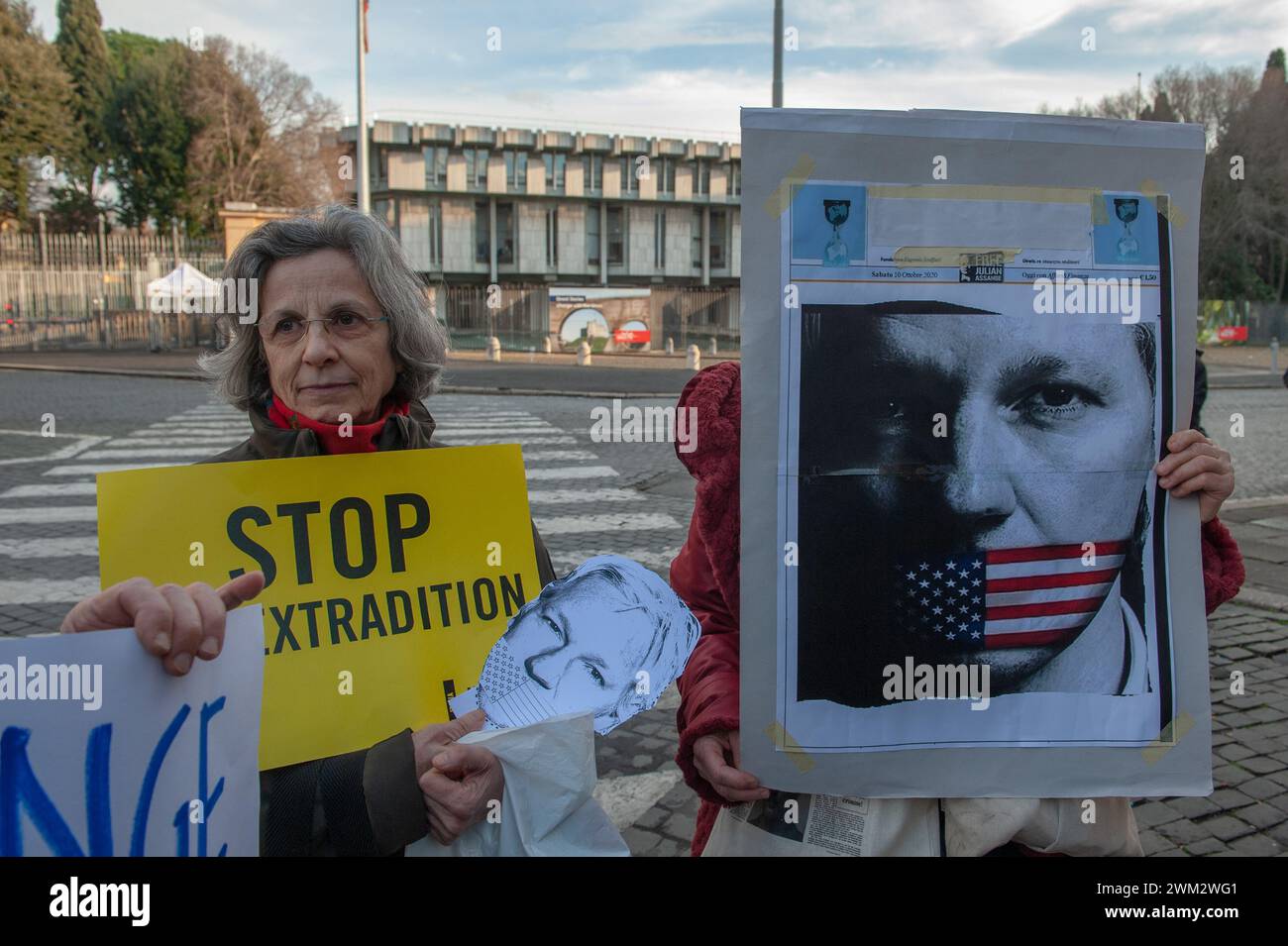 February 20, 2024 - Rome, Italy: demonstration in front of the British embassy on the day the High Court in London considers Julian Assange's latest appeal to avoid extradition to the US. © Andrea Sabbadini Stock Photo