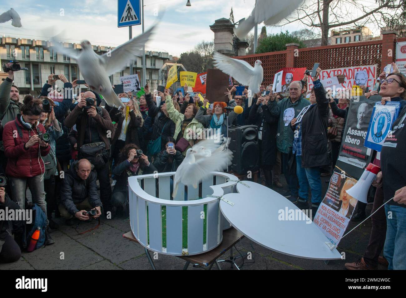 February 20, 2024 - Rome, Italy: demonstration in front of the British embassy on the day the High Court in London considers Julian Assange's latest appeal to avoid extradition to the US. © Andrea Sabbadini Stock Photo