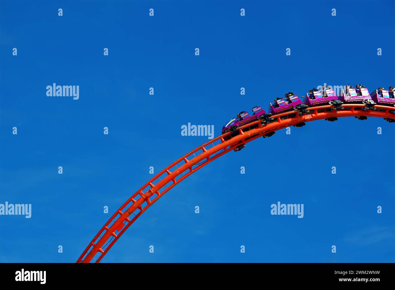 Roller coaster ride in an amusement park during the beer festival in Münich against the blue sky Stock Photo