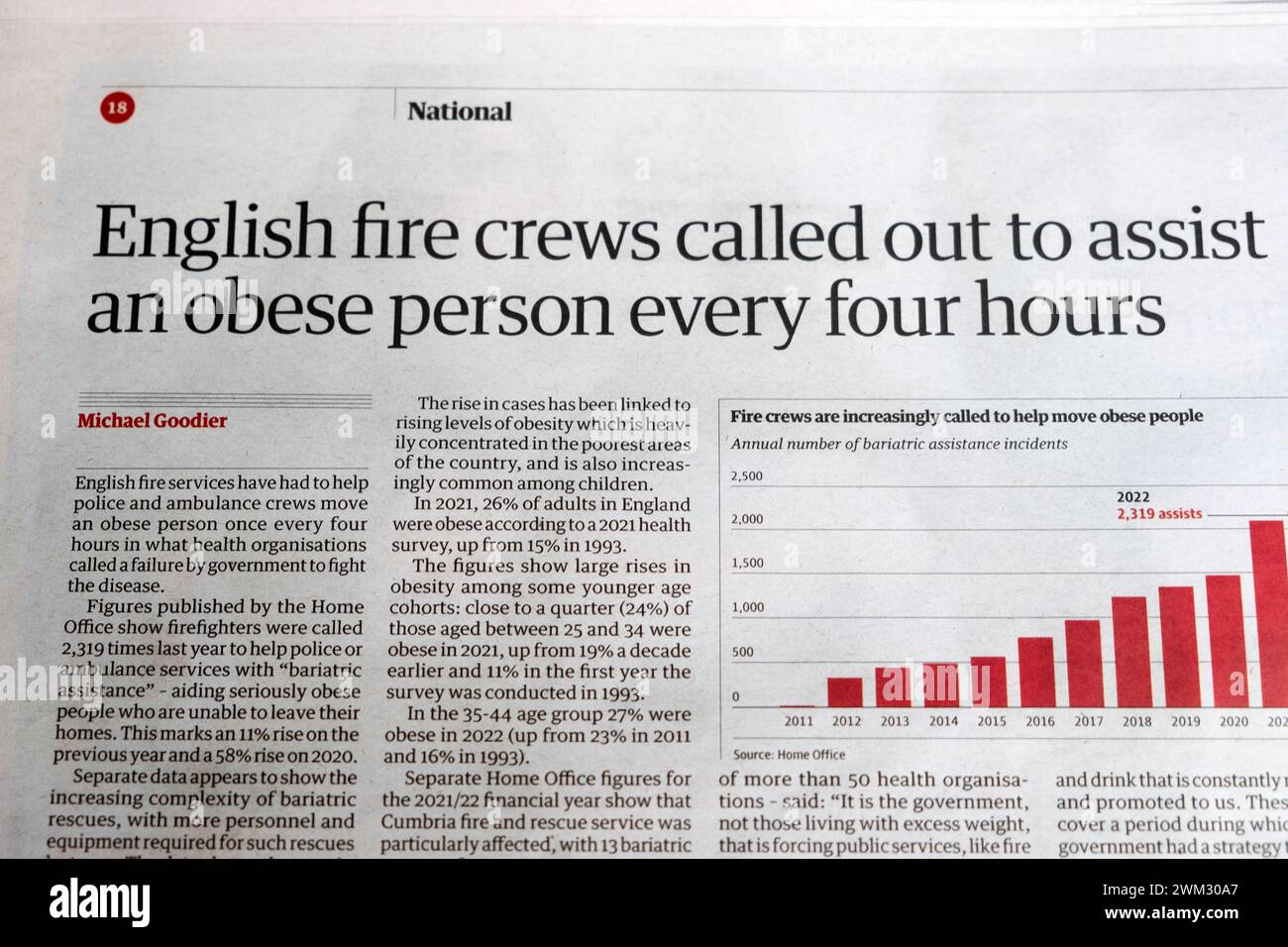 'English fire crews called out to assist an obese person every four hours' Guardian newspaper headline obesity crisis article 3 June 2023 London UK Stock Photo