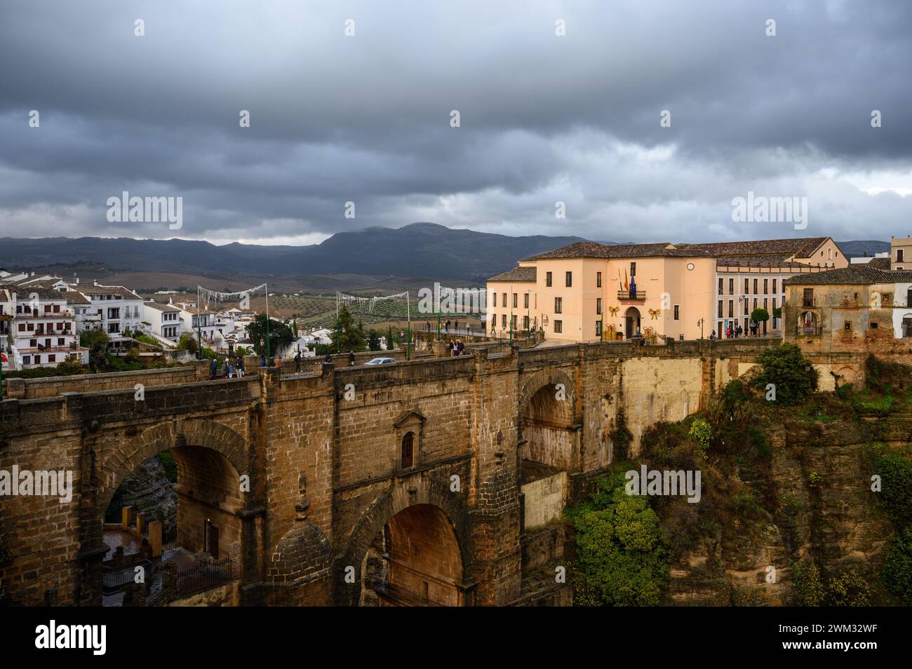 The Puente Nuevo and the old town of Ronda at sunset, Malaga, Andalucia, Spain. Stock Photo