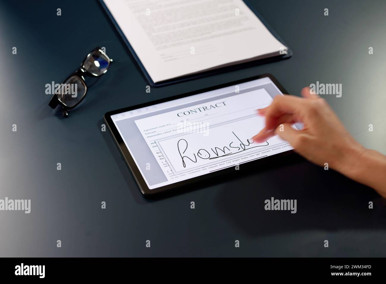 Contract E Signature. Employee Signing Law Document Stock Photo