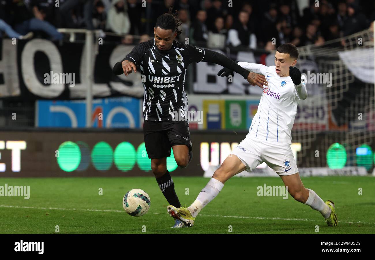 Charleroi, Belgium. 23rd Feb, 2024. Charleroi's Jeremy Petris and Genk's Bilal El Khannouss fight for the ball during a soccer match between Sporting Charleroi and KRC Genk, Friday 23 February 2024 in Charleroi, on day 27 of the 2023-2024 'Jupiler Pro League' first division of the Belgian championship. BELGA PHOTO VIRGINIE LEFOUR Credit: Belga News Agency/Alamy Live News Stock Photo