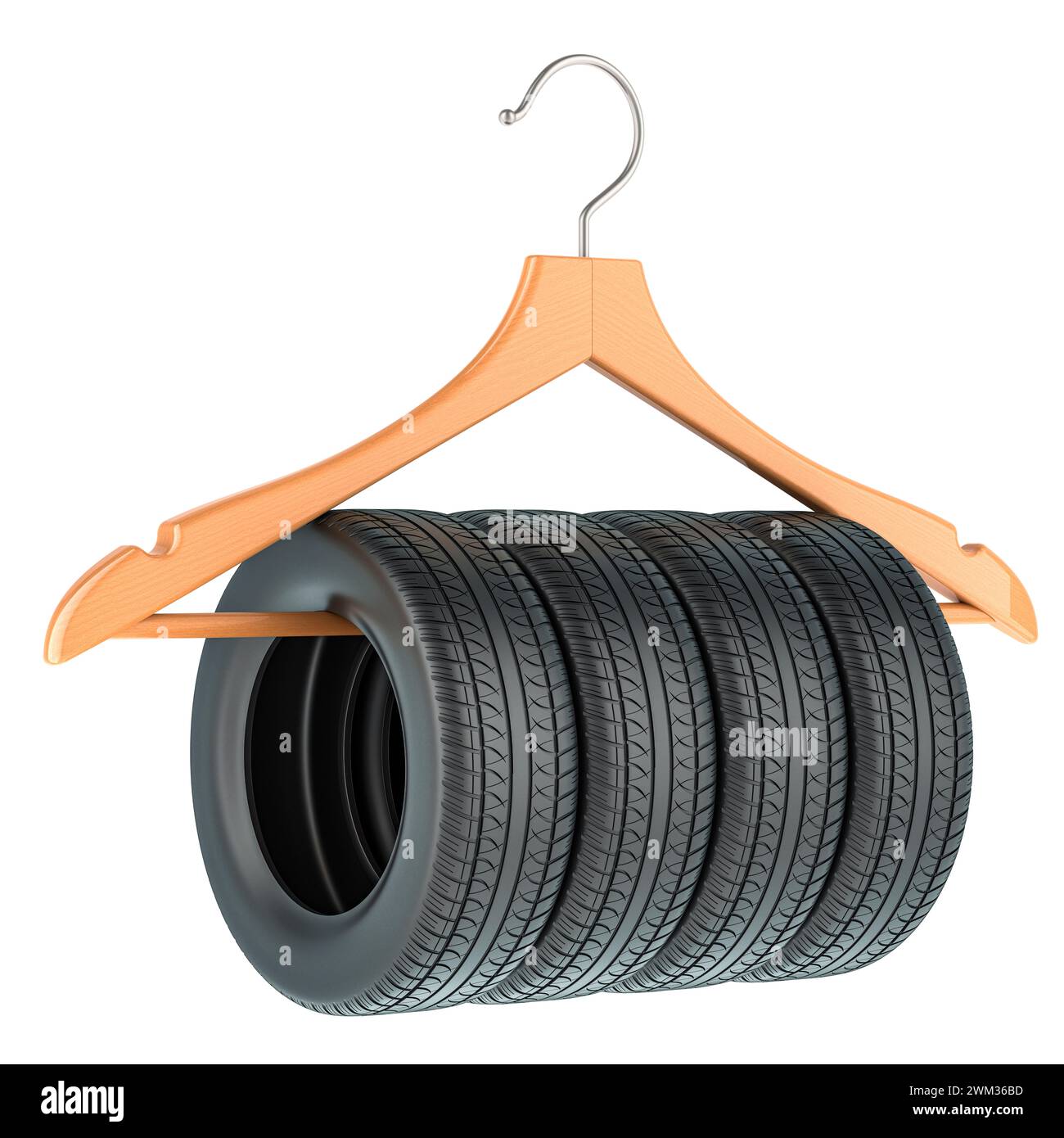 Seasonal Tire Storage, concept. Wooden hanger with car tyres, 3D rendering isolated on white background Stock Photo