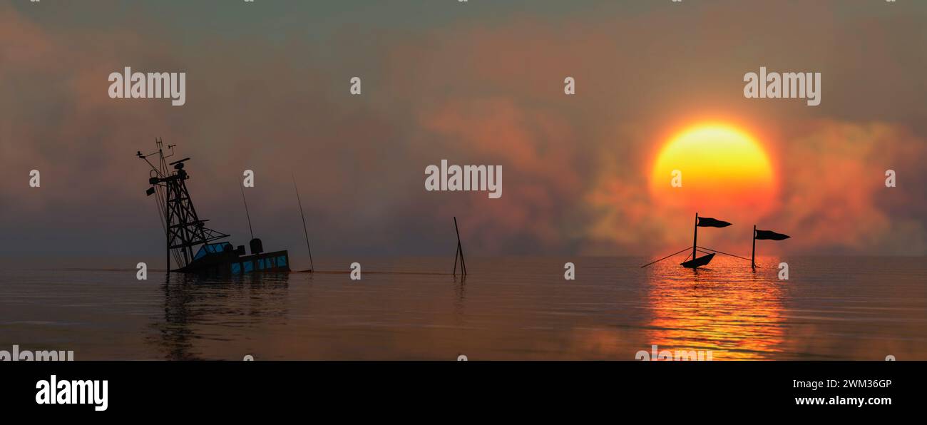 Majestic Sunset with Sinking Boat Silhouette Against Fiery Sky on Calm Sea Stock Photo