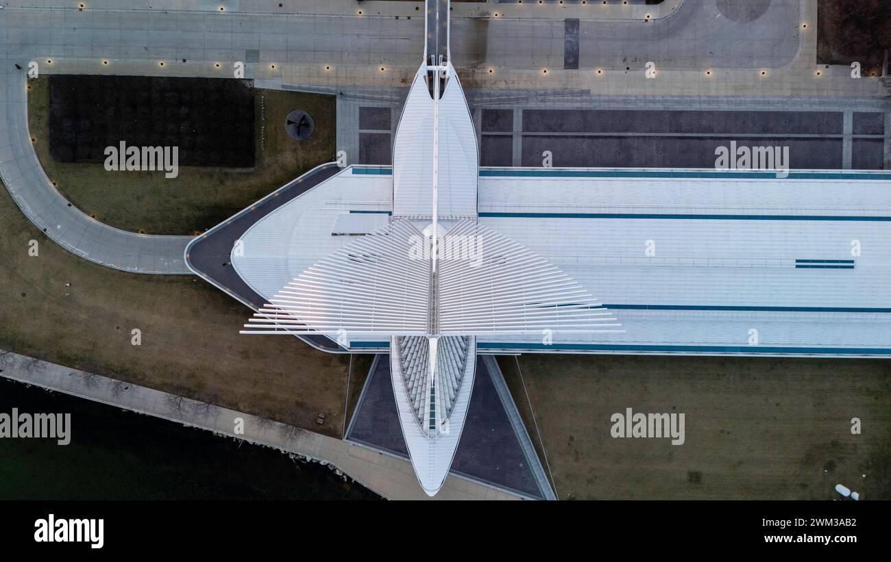 Aerial photograph of Milwaukee Art Museum on a pleasant winter evening. Stock Photo