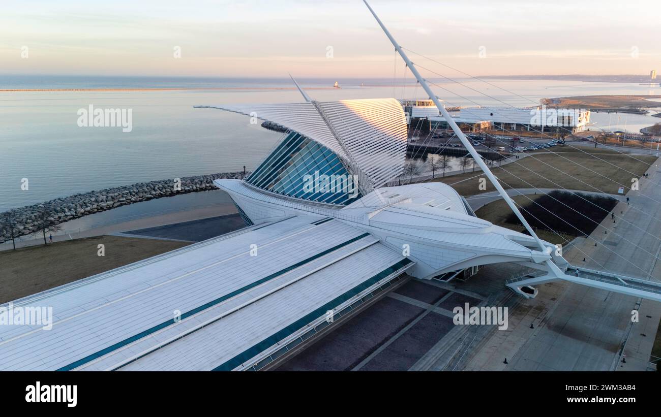 Aerial photograph of Milwaukee Art Museum on a pleasant winter evening. Stock Photo