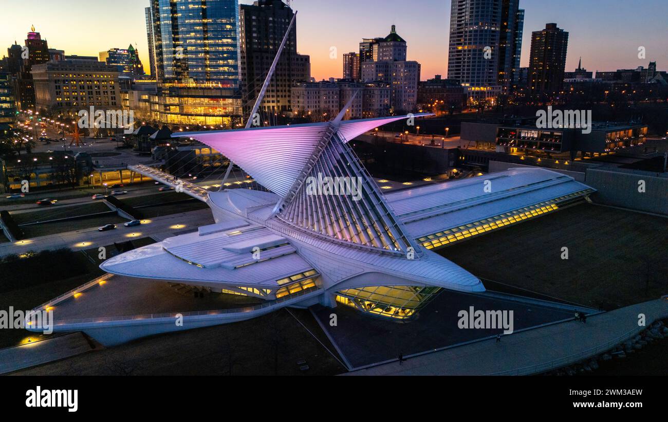 Aerial photograph of Milwaukee Art Museum on a pleasant winter evening. Stock Photo