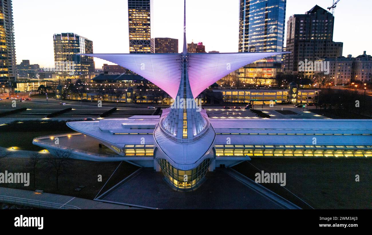 Aerial photograph of Milwaukee Art Museum on a pleasant winter evening. Stock Photo