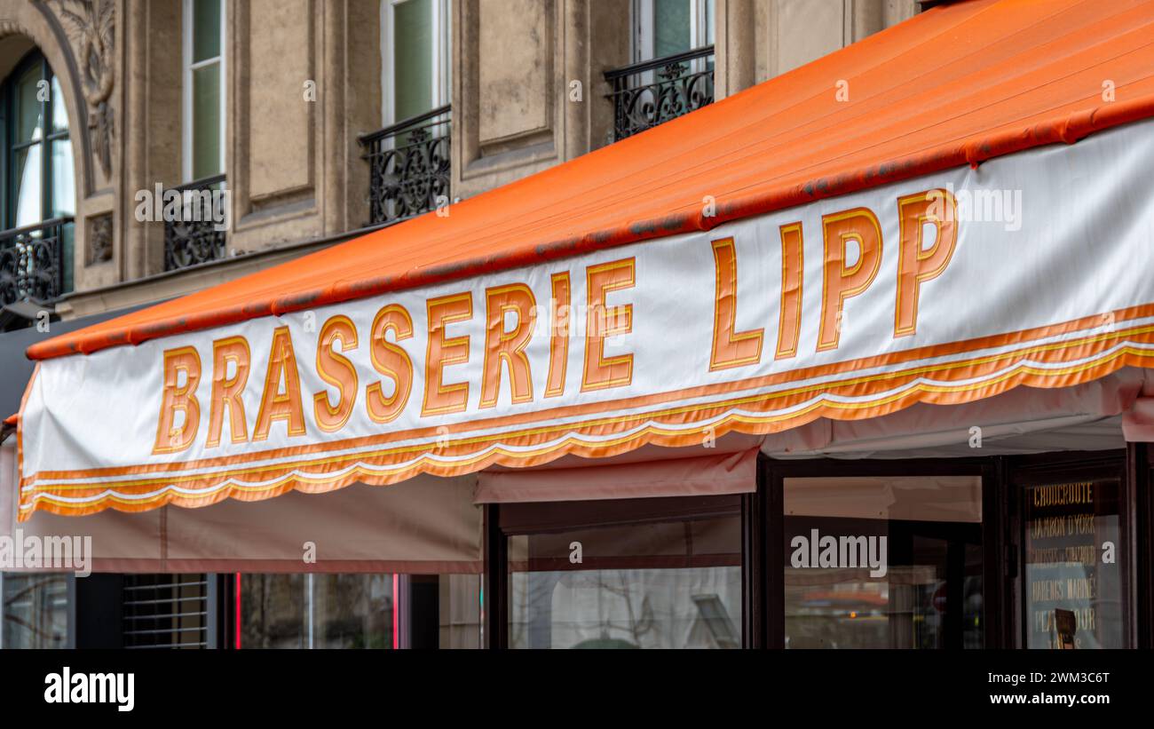 Close-up of the sign on the awning of Brasserie Lipp, a famous traditional Parisian brasserie located in the Saint-Germain-des-Pres district of Paris Stock Photo