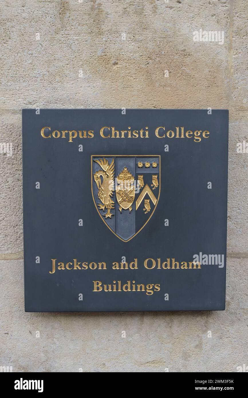 Around the University city of Oxford UK. sign for Jackson and Oldham Buildings corpus Christi college Stock Photo