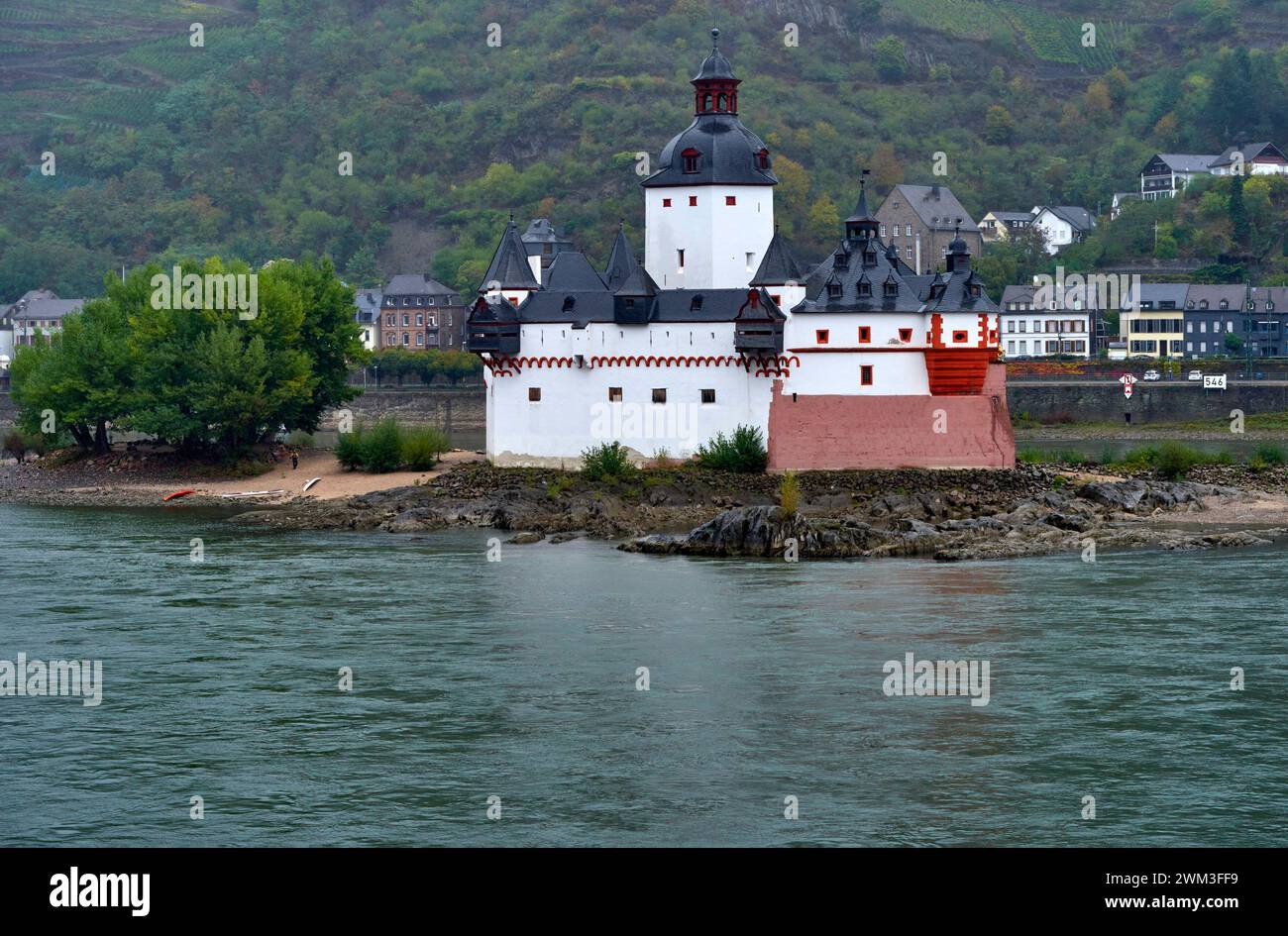 View in the valley of Rhine river on a rainy day Stock Photo