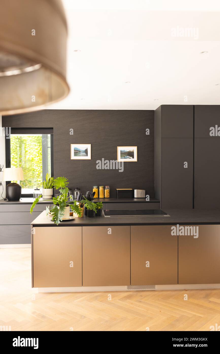A modern kitchen design features sleek cabinetry and a clean layout Stock Photo