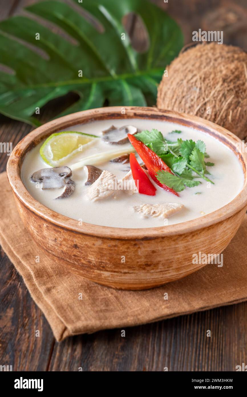 Bowl of thai Tom Kha Kai soup Stock Photo