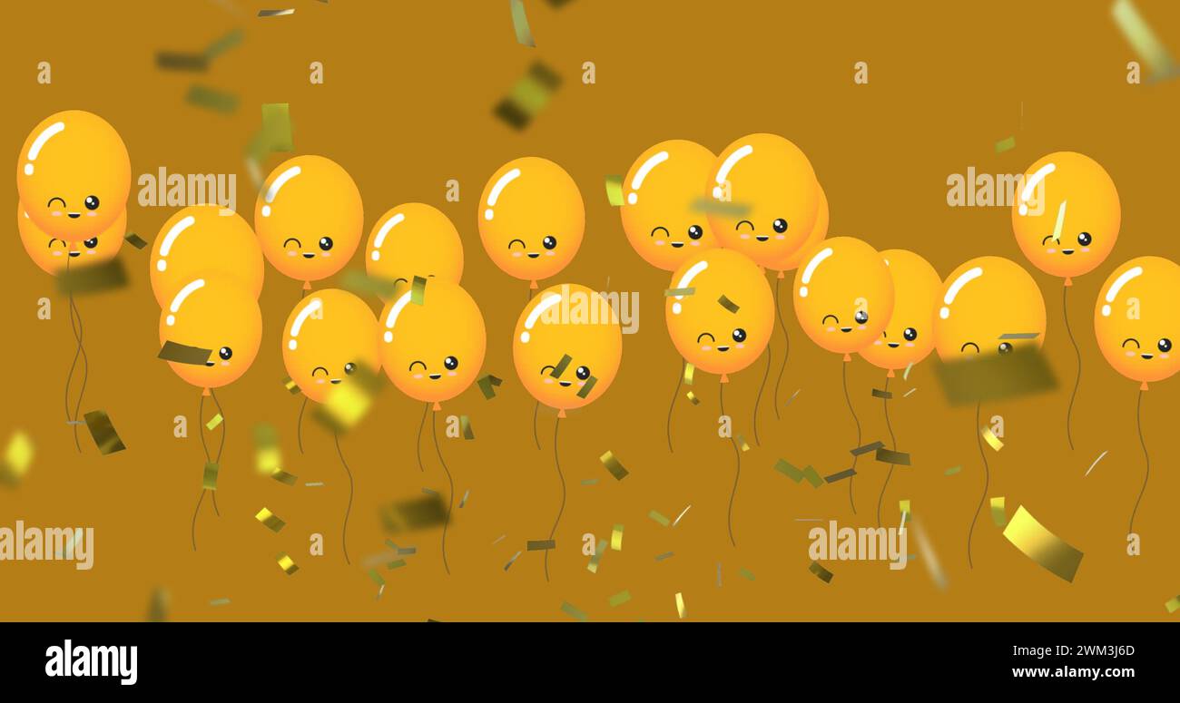 Image of gold balloons flying and confetti falling over gold background Stock Photo