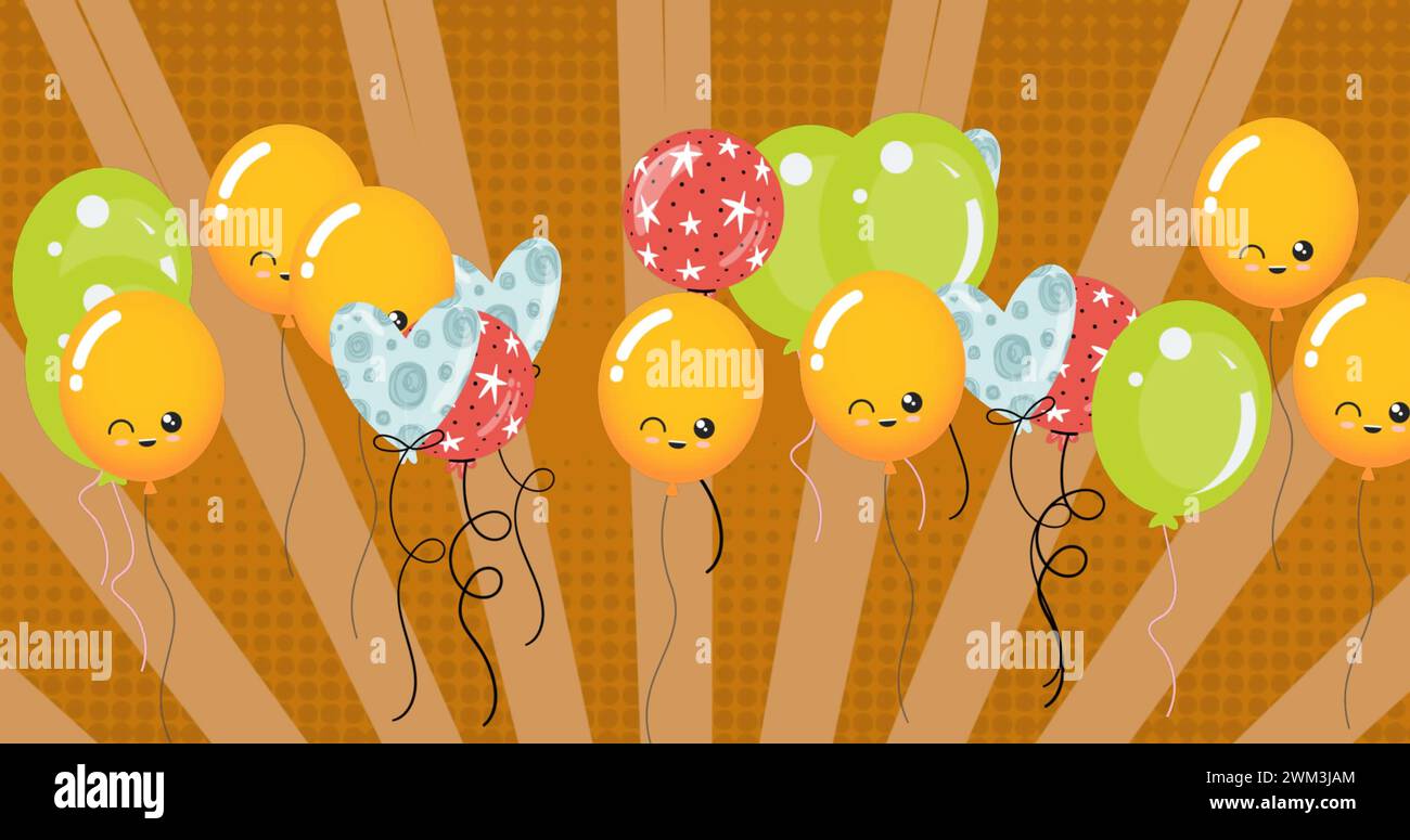Image of colorful balloons flying over gold background Stock Photo