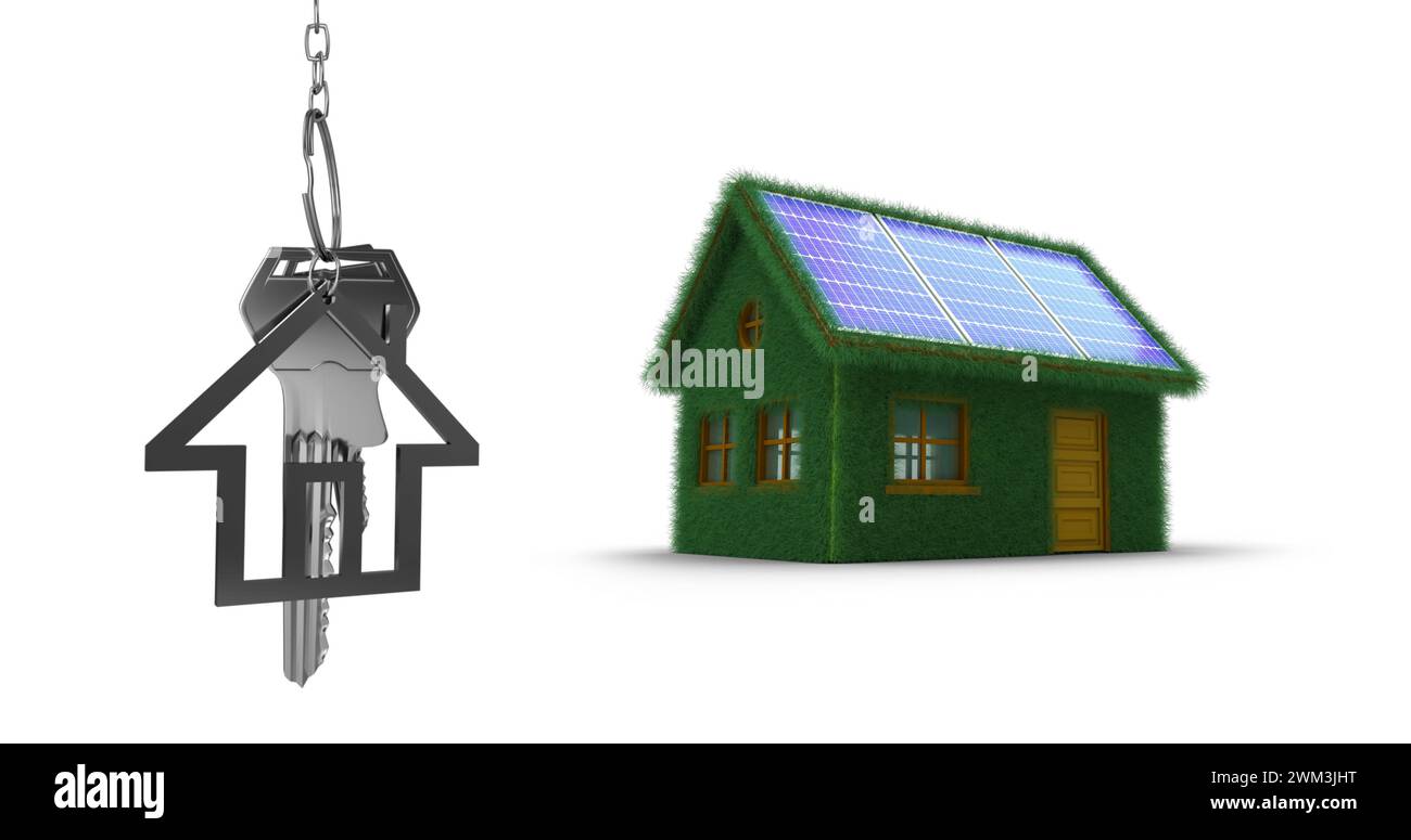 Image of silver house keys and house shaped key fob hanging over an out of focus green house 4k Stock Photo