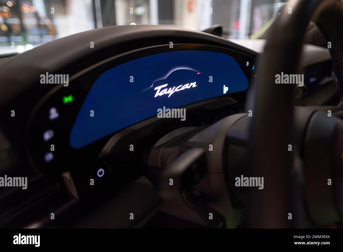 closeup electronic display, cockpit of Porsche Taycan Turbo S battery-electric sports Car, sedan Porsche Automobil Holding, Innovation in automotive i Stock Photo