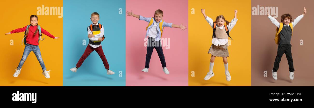 Happy schoolchildren with backpacks jumping on color backgrounds, set ...