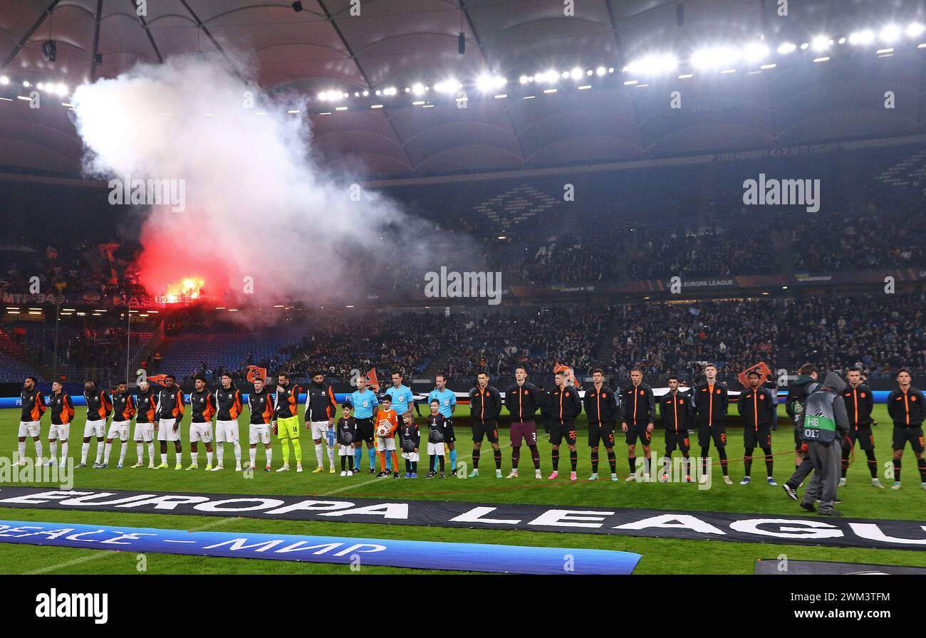 Hamburg, Germany - February 15, 2024: UEFA Europa League game Shakhtar Donetsk v Marseille at Volksparkstadion in Hamburg Stock Photo