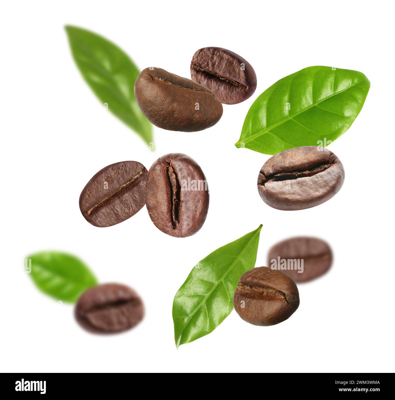 Roasted coffee beans and green leaves in air on white background Stock ...
