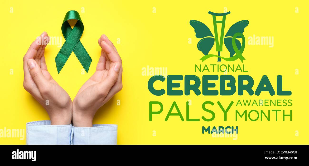 Banner for National Cerebral Palsy Awareness Month with hands and green ribbon Stock Photo Alamy