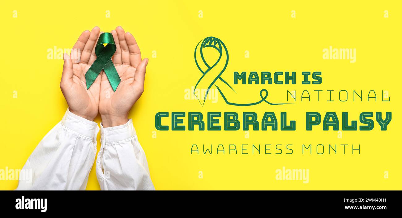 Banner for National Cerebral Palsy Awareness Month with hands holding green ribbon Stock Photo