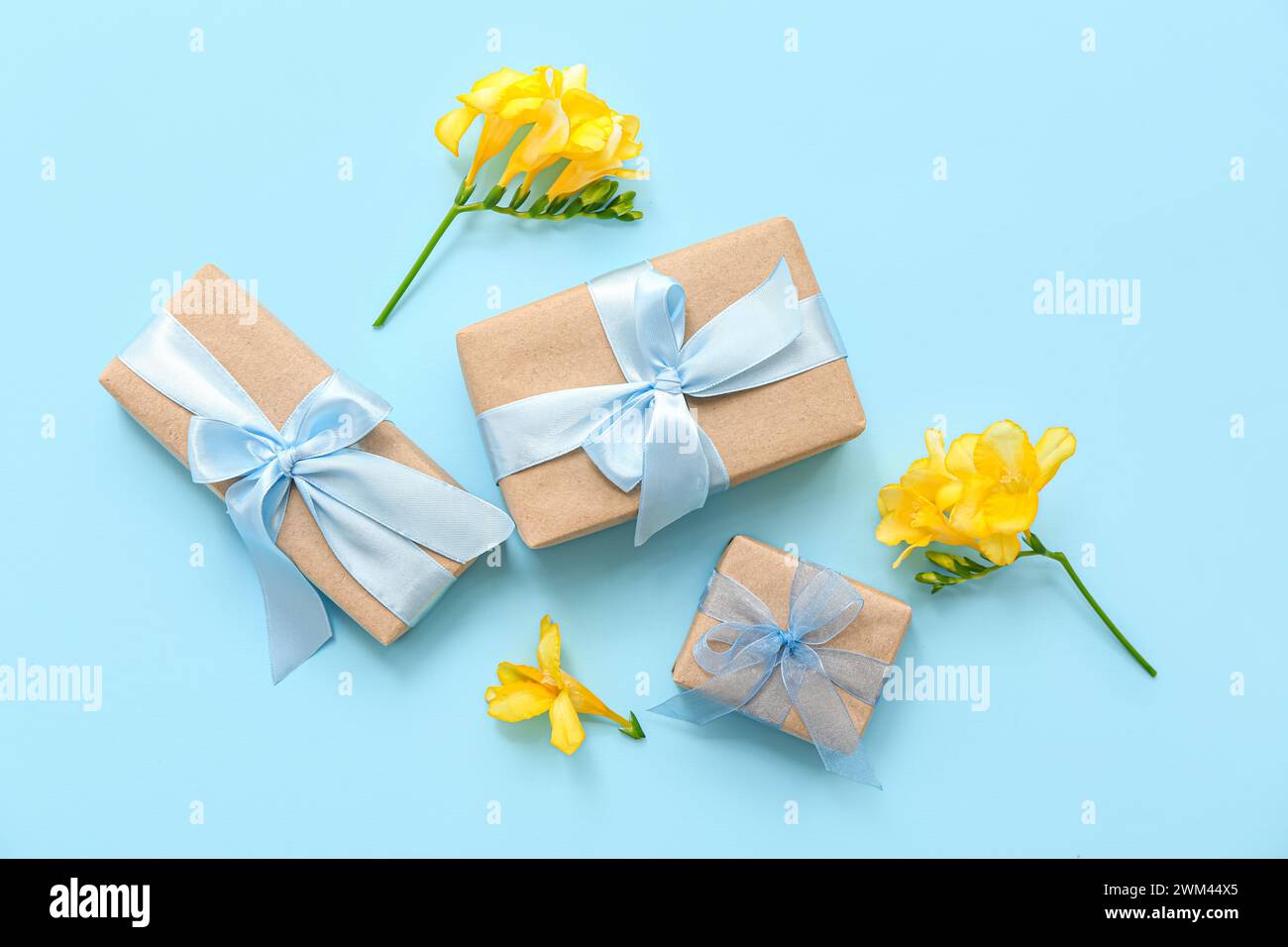Cute wrapped gift boxes and flowers on cyan background Stock Photo Alamy
