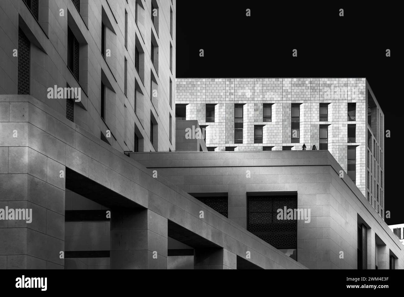 Doha, Qatar - February  24, 2024: Monochrome Building Architecture of Msheireb Downtown Qatar Stock Photo