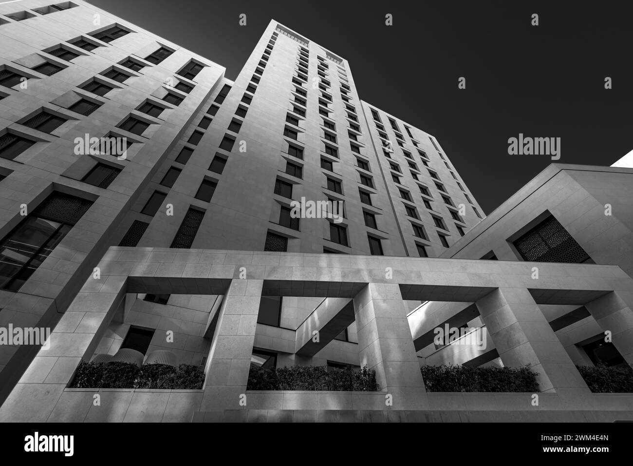 Doha, Qatar - February  24, 2024: Monochrome Building Architecture of Msheireb Downtown Qatar Stock Photo