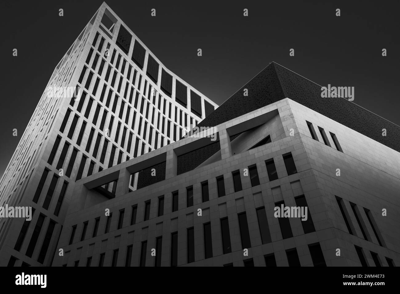 Doha, Qatar - February  24, 2024: Monochrome Building Architecture of Msheireb Downtown Qatar Stock Photo