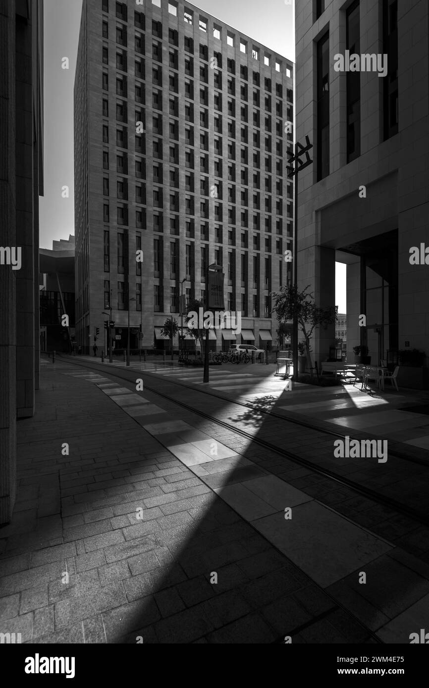 Doha, Qatar - February  24, 2024: Monochrome Building Architecture of Msheireb Downtown Qatar Stock Photo
